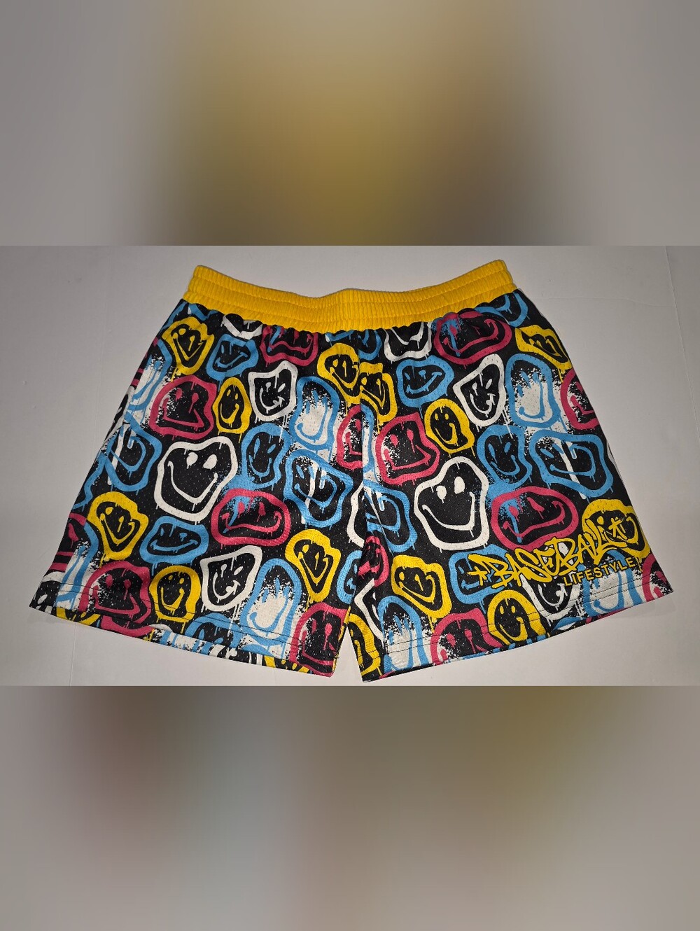 Baseball Lifestyle Kids Yellow-Waistband Smiley Print Shorts YXL